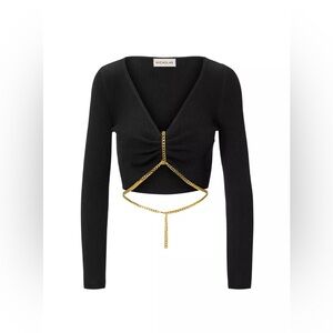 NWT Nicholas Alma Halter Body Jewel Gold Chain Ribbed Long Sleeve Cropped Top S